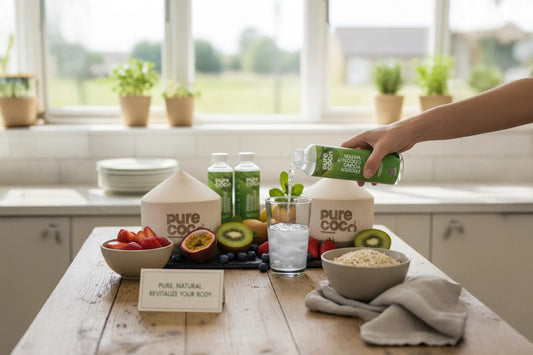 Fresh young coconut water drink with healthy breakfast ingredients in the UK kitchen setting