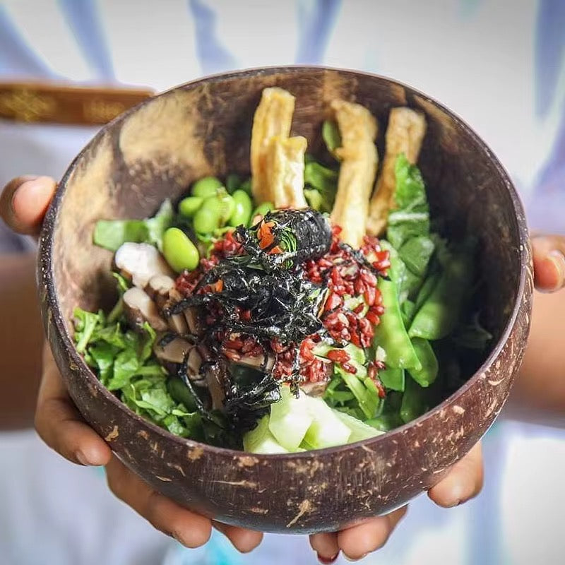 Hand holding natural coconut shell bowl filled with fresh salad and vegetables