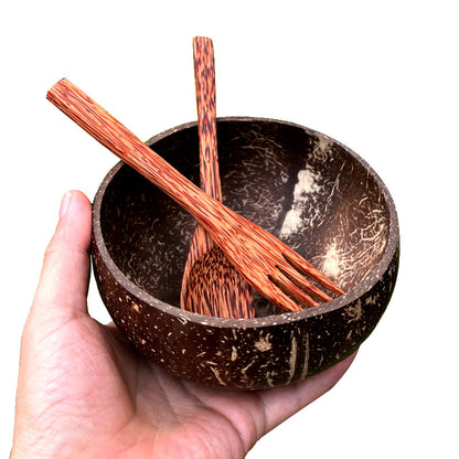 Hand holding natural coconut shell bowl with wooden spoon and fork