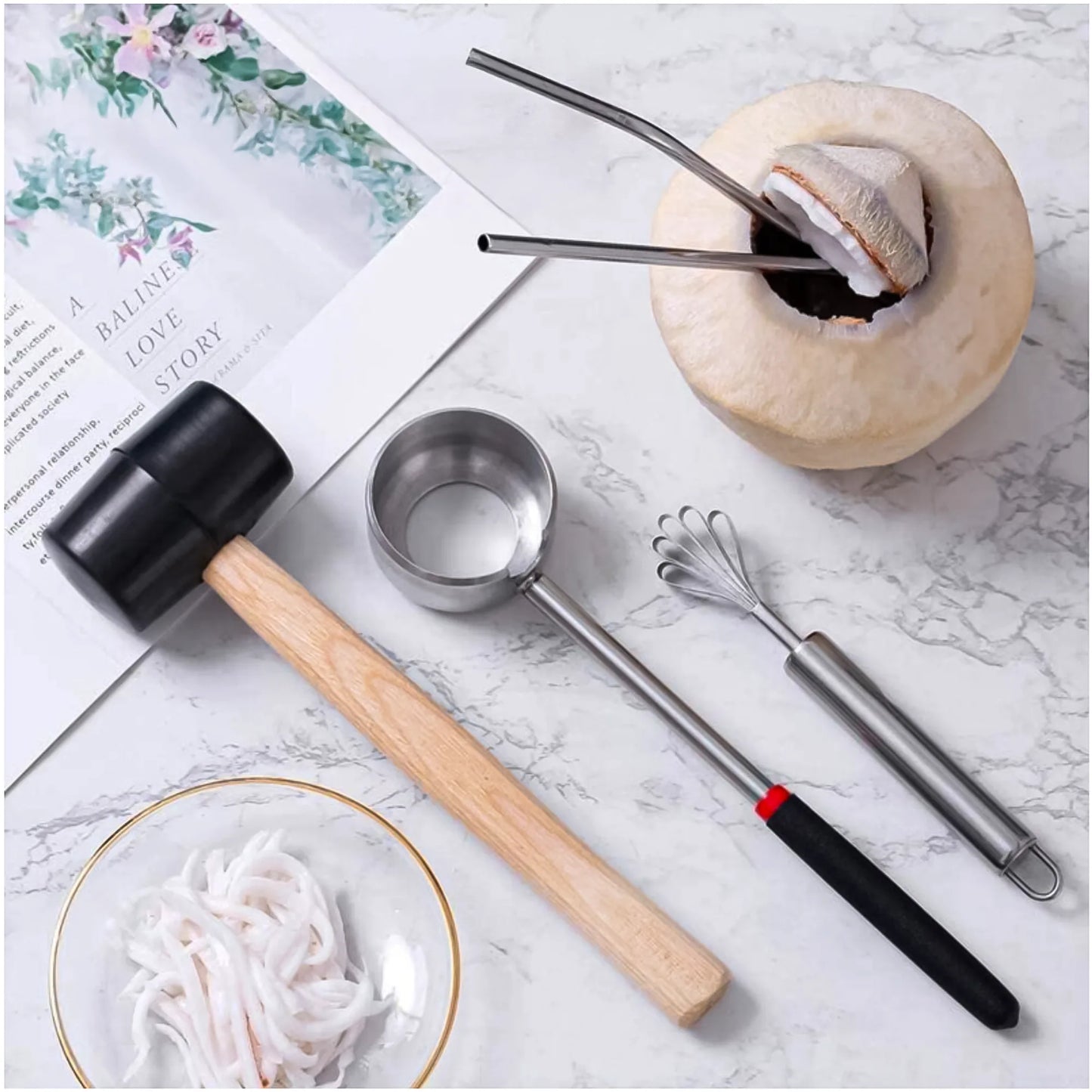 Coconut opening tool set with stainless steel coconut opener, scraper, rubber mallet and fresh young coconut
