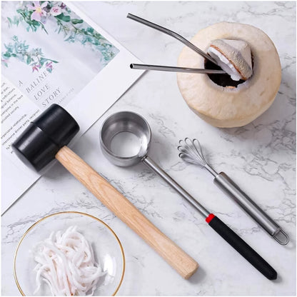 Coconut opening tool set with stainless steel coconut opener, scraper, rubber mallet and fresh young coconut