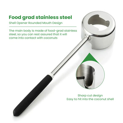 Food-grade stainless steel coconut opener tool with sharp rounded cutting edge