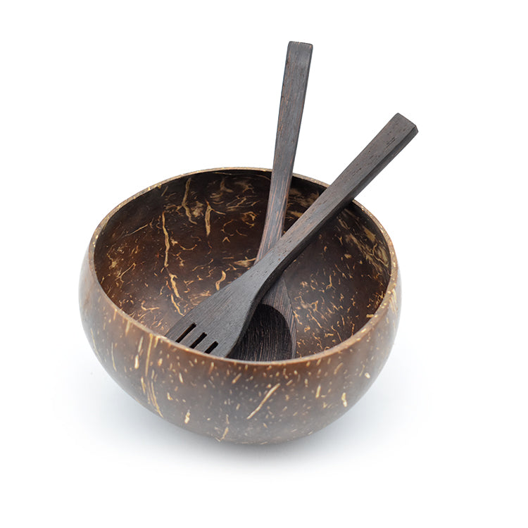 Handmade natural coconut shell bowl set with wooden spoon and fork on white background