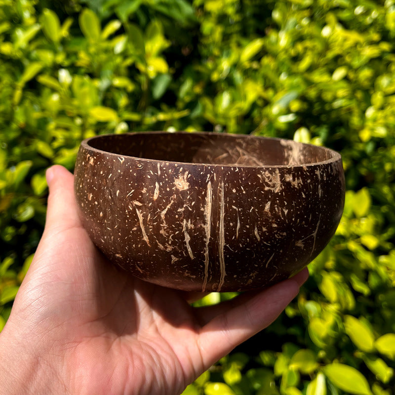 Handmade natural coconut bowl held in hand with green outdoor background