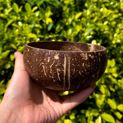 Handmade natural coconut bowl held in hand with green outdoor background