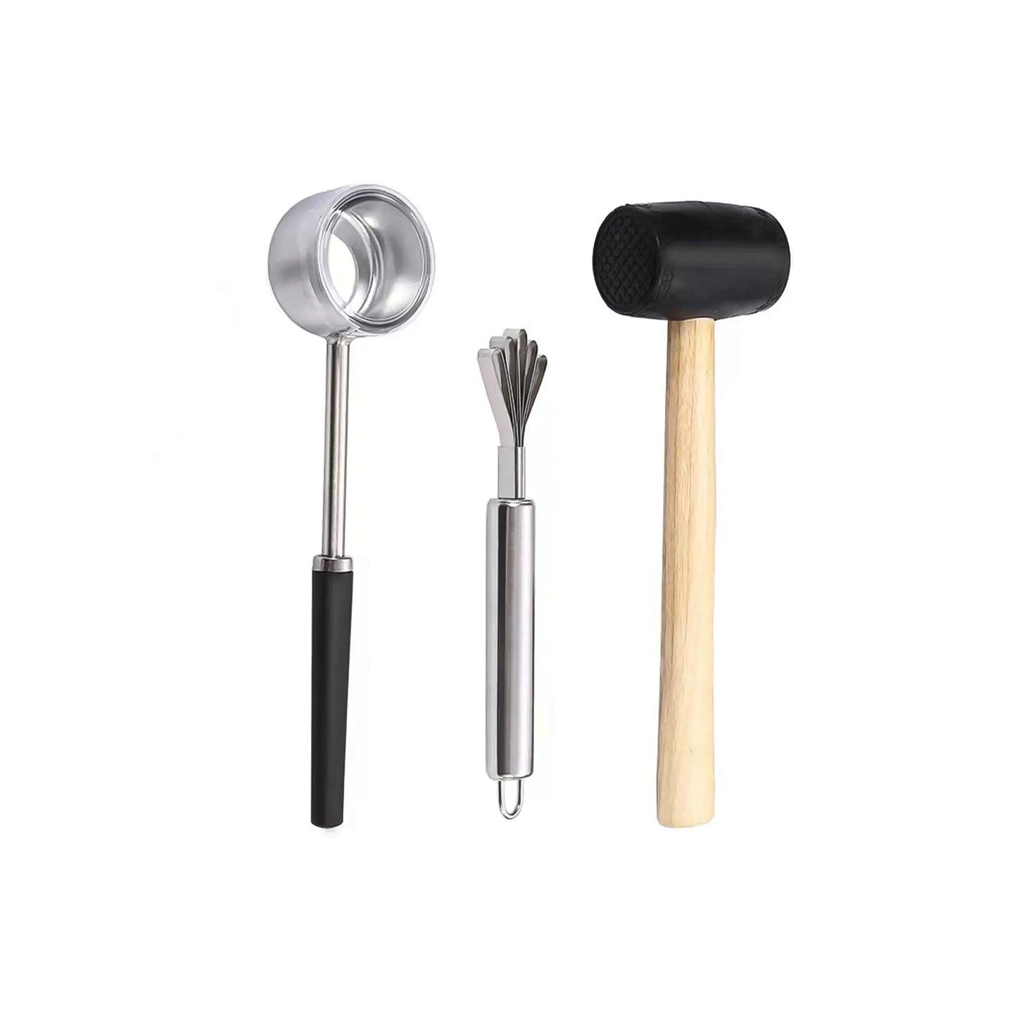 Stainless steel coconut opener, coconut scraper and rubber mallet tool set for opening young coconuts
