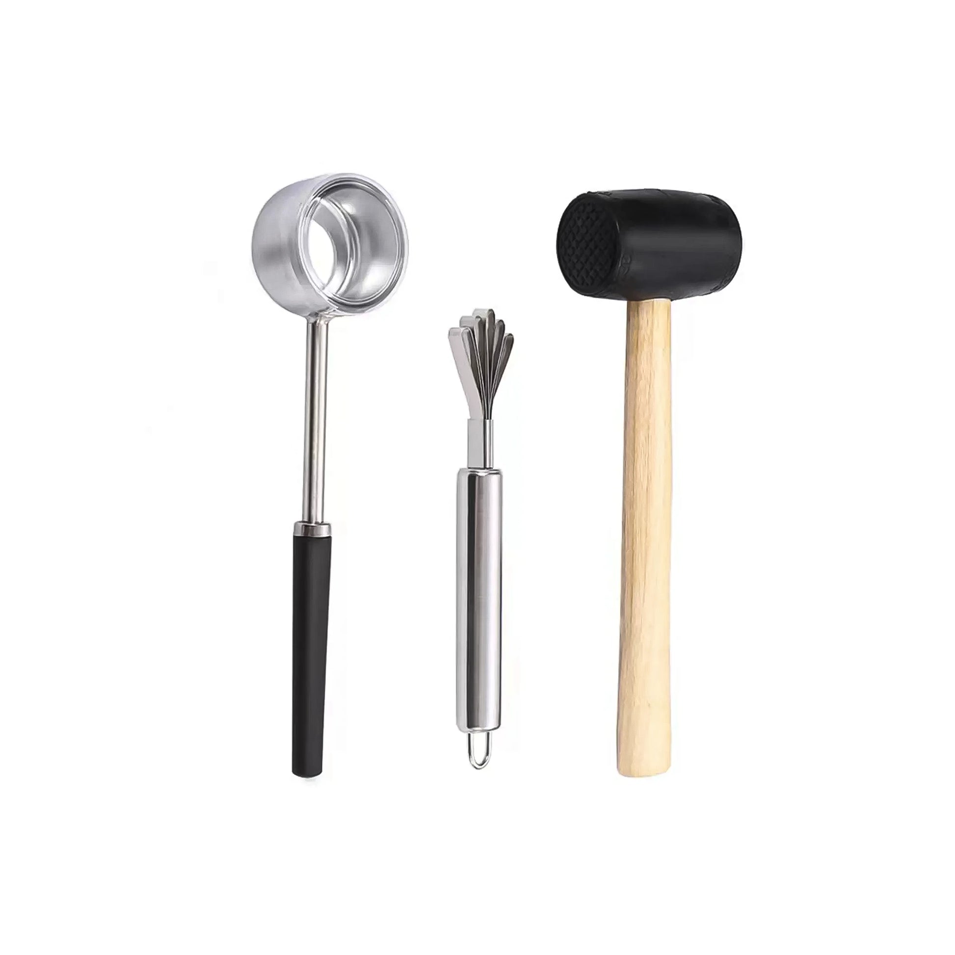 Stainless steel coconut opener, coconut scraper and rubber mallet tool set for opening young coconuts